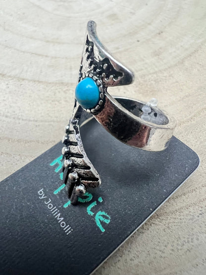 Western Arrow Head Cuff Ring with Faux Turquoise Stone — Adjustable Hand Statement