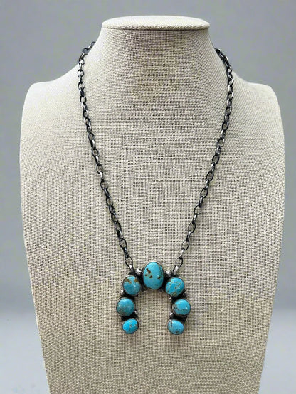 Augustine Largo Navajo Handmade Sterling Silver Kingman Turquoise Naja Necklace — 18" (Signed)