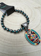 Western Aztec Pendant Stretch Bracelet — Seed Bead, Faux Pearl & Turquoise Accents