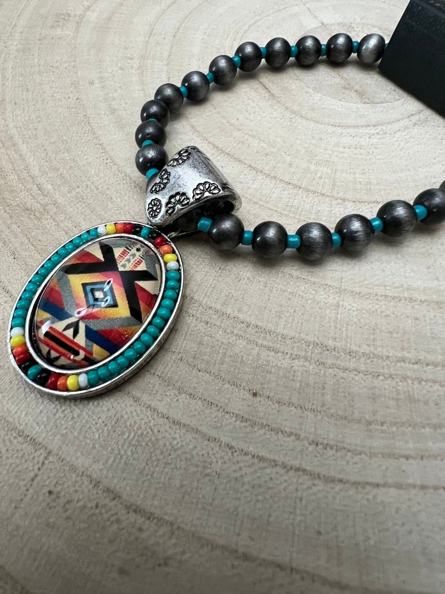 Aztec Pendant with Seed Bead and Faux Pearl and Turquoise Stretch Bracelet