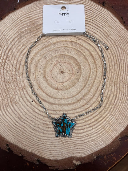 Barbed Star Western Pendant Necklace with Faux Turquoise — 18 Inch with Extender