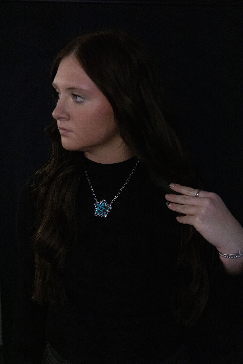 Barbed Star Western Pendant Necklace with Faux Turquoise — 18 Inch with Extender