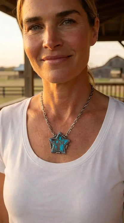 Barbed Star Western Pendant Necklace with Faux Turquoise — 18 Inch with Extender