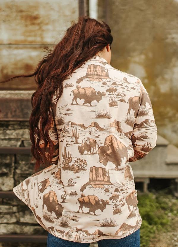 LUCKY & BLESSED Beige Roaming Buffalo French Terry Long-Sleeve Western Cardigan — Casual-to-Rodeo Layering Staple