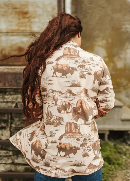 LUCKY & BLESSED Beige Roaming Buffalo French Terry Long-Sleeve Western Cardigan — Casual-to-Rodeo Layering Staple