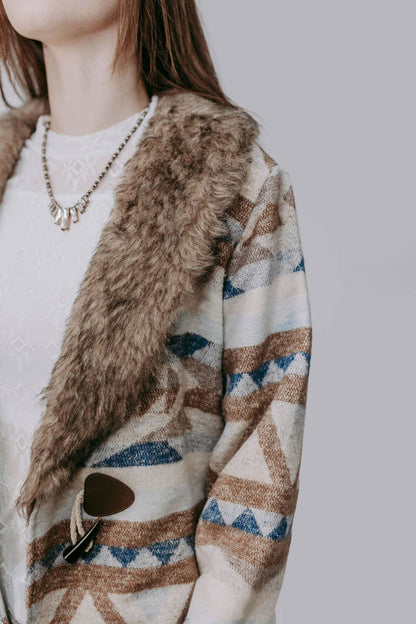 Merigold Kiss "Belle of the West" Southwest-Inspired Fur-Trimmed Western Coat — Faux Fur Lapel with Horn & Loop Closure (medium remains)