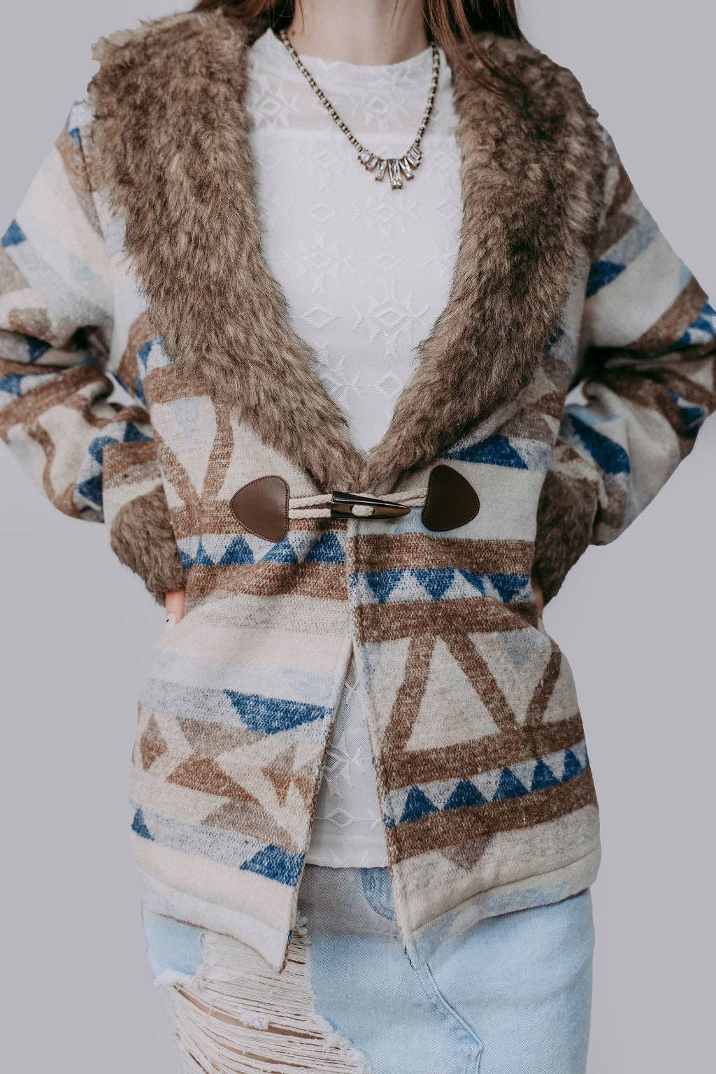 Merigold Kiss "Belle of the West" Southwest-Inspired Fur-Trimmed Western Coat — Faux Fur Lapel with Horn & Loop Closure (medium remains)