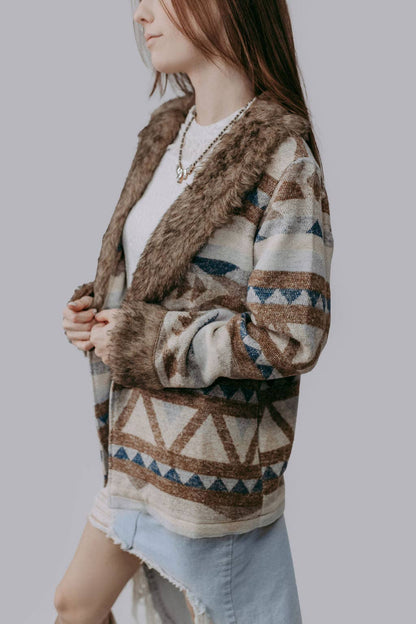 Merigold Kiss "Belle of the West" Southwest-Inspired Fur-Trimmed Western Coat — Faux Fur Lapel with Horn & Loop Closure (medium remains)