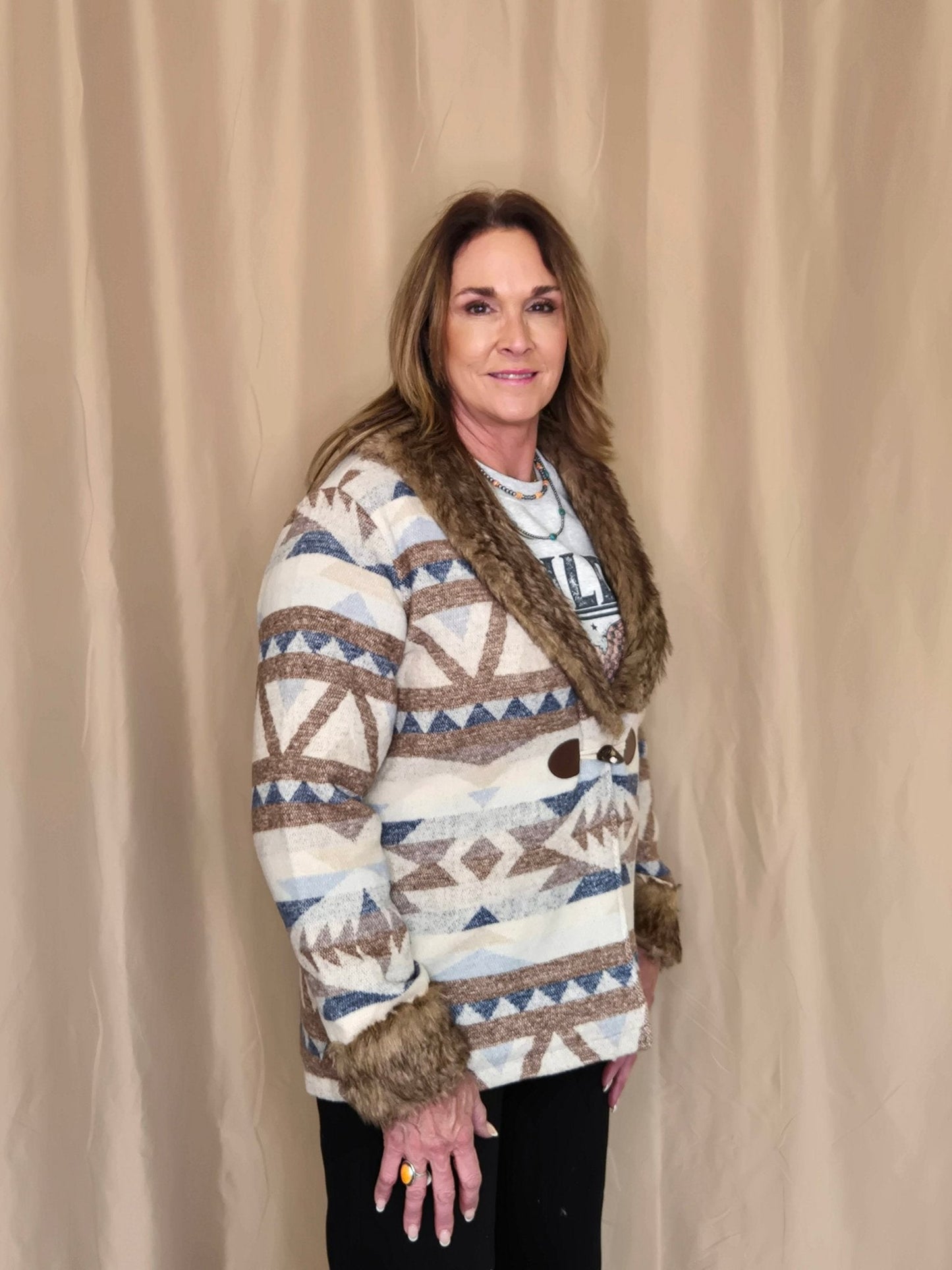 Merigold Kiss "Belle of the West" Southwest-Inspired Fur-Trimmed Western Coat — Faux Fur Lapel with Horn & Loop Closure (medium remains)
