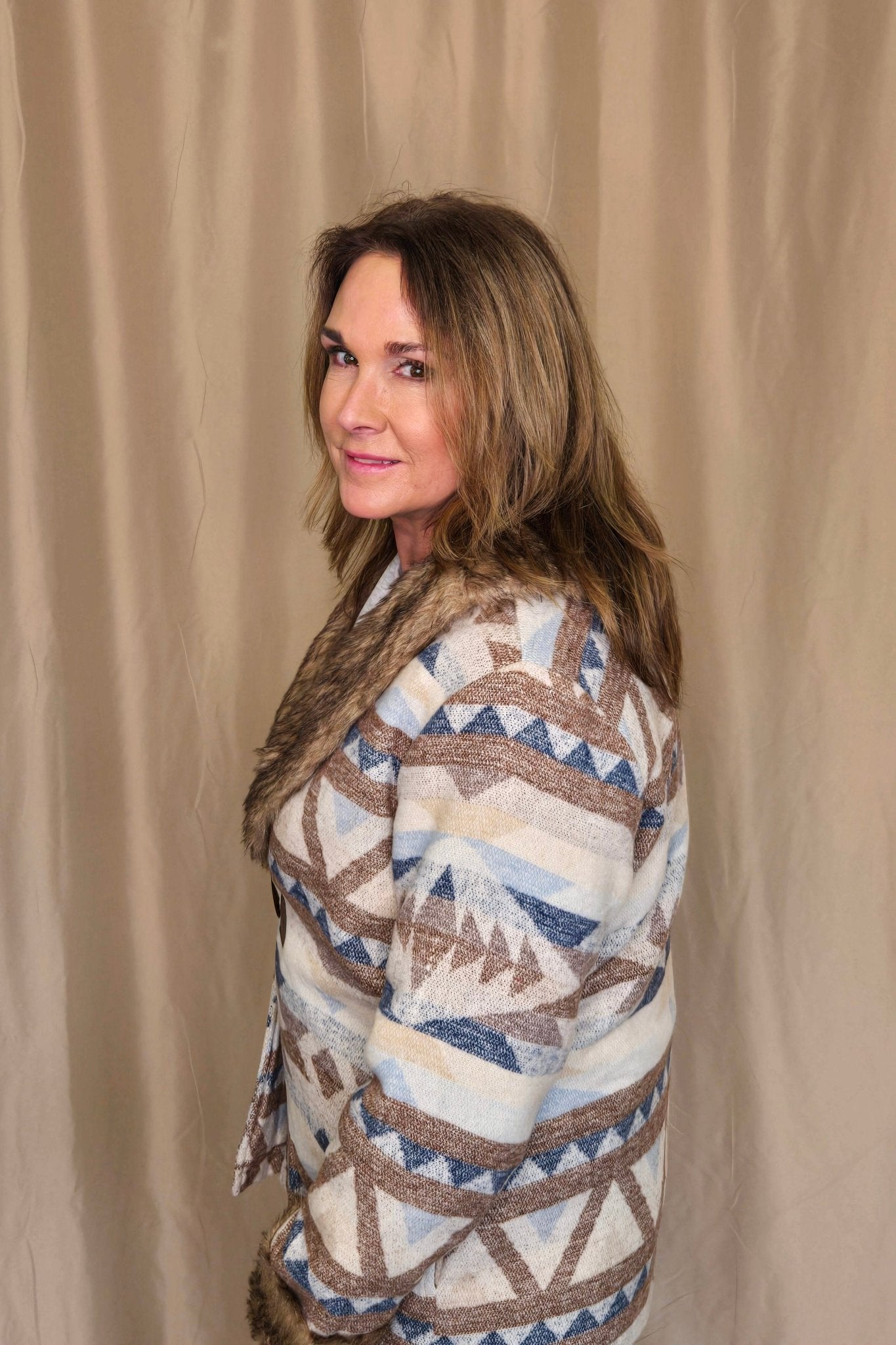 Merigold Kiss "Belle of the West" Southwest-Inspired Fur-Trimmed Western Coat — Faux Fur Lapel with Horn & Loop Closure (medium remains)