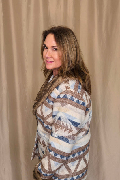 Merigold Kiss "Belle of the West" Southwest-Inspired Fur-Trimmed Western Coat — Faux Fur Lapel with Horn & Loop Closure (medium remains)