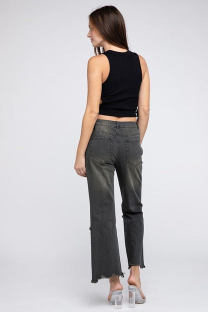 BiBi Distressed Vintage Washed Wide-Leg Western Pants — 100% Cotton Rigid Denim with Retro Worn-In Finish (Medium remaining)