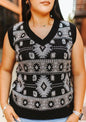 LUCKY & BLESSED Black Aztec Knit V-Neck Sleeveless Western Sweater Top — Monochromatic Southwestern Geometric (Medium remaining)