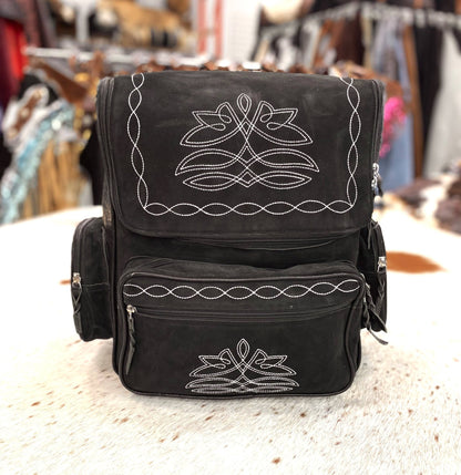 Western Black Suede Boot Stitch Backpack — Genuine Leather Western Statement