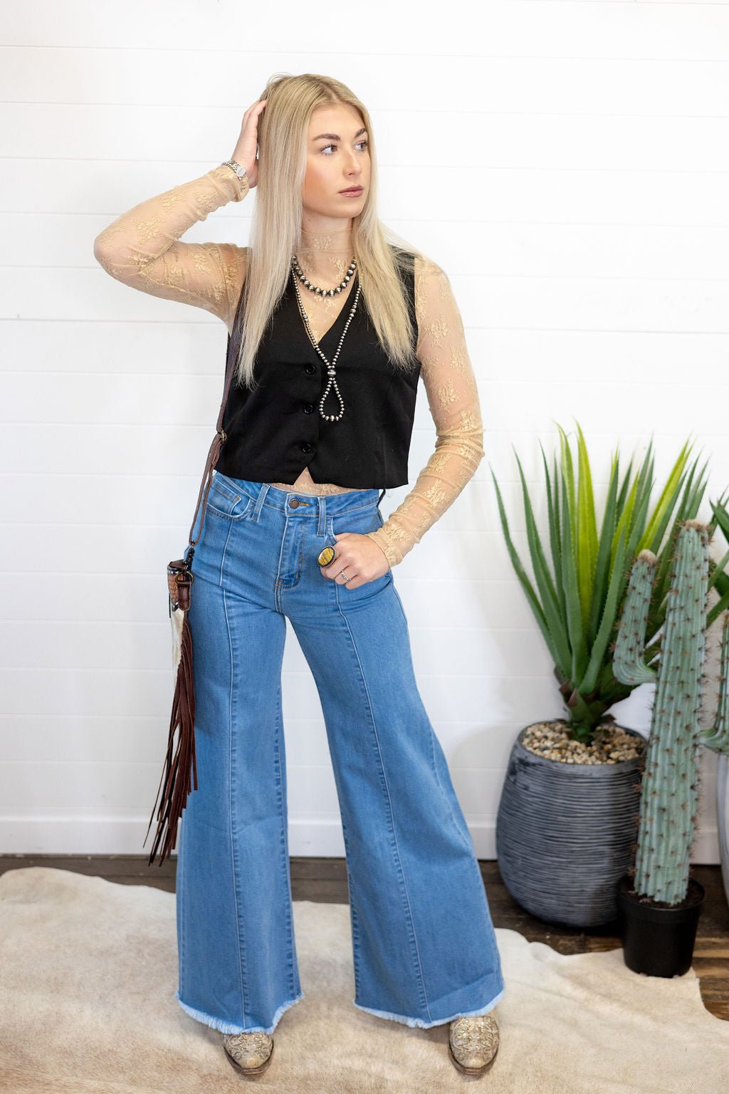O2 Denim Front Seam Wide-Leg Western Jeans — Light Wash Mid-Rise Flare with Raw Hem & Front Seam Detail