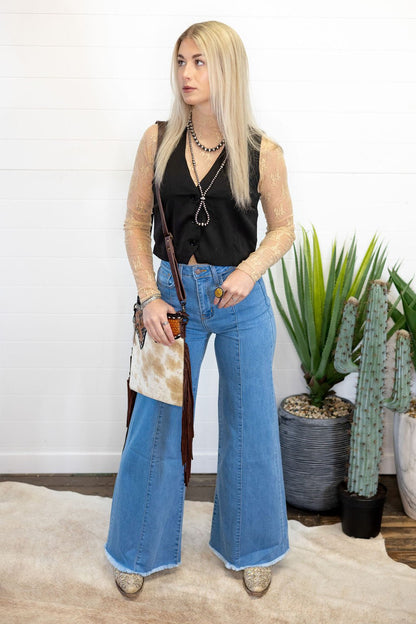 O2 Denim Front Seam Wide-Leg Western Jeans — Light Wash Mid-Rise Flare with Raw Hem & Front Seam Detail