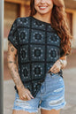 LUCKY & BLESSED Black Western Bandanna Print Rolled Cuff Short Sleeve Top