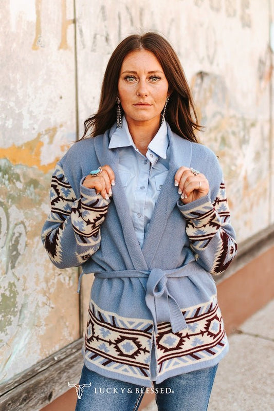 LUCKY & BLESSED Dusty Blue Aztec Knit Belted Cardigan — Open-Front Shawl Collar with Side Pockets