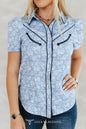 LUCKY & BLESSED "Wildflower Rodeo" Blue Western Toile Puff Sleeve Pearl Snap Shirt (medium remains)