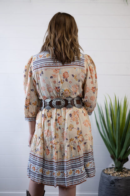Umgee "Boho" A-Line Western Dress — Prairie Floral Print with 3/4 Balloon Sleeves & Button Placket