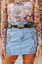 LUCKY & BLESSED Light Wash Boot Stitch Embroidered Western Denim Pencil Skirt — Slim Cut with Pockets