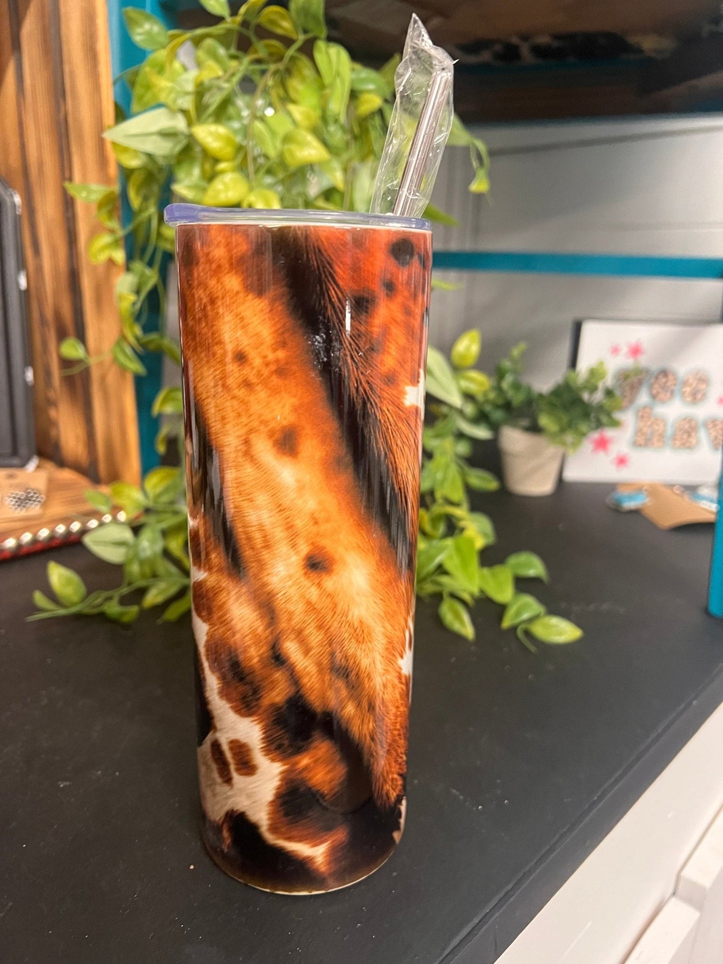 Brown Cowhide Print Insulated Tumbler (Lid & Straw Included)