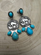 Western Buffalo Coin Cluster Earrings with Faux Turquoise — 2" Oxidized Silver Statement