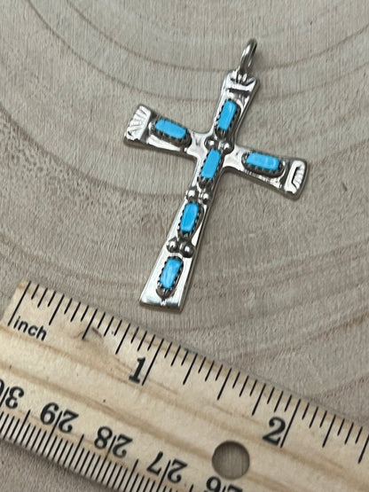 C. Iule Zuni Handmade Sterling Silver Turquoise Cross Pendant — 2" × 1 1/4"