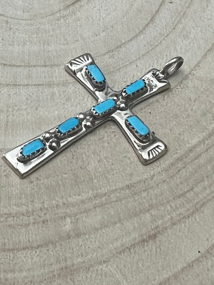 C. Iule Zuni Handmade Sterling Silver Turquoise Cross Pendant — 2" × 1 1/4"