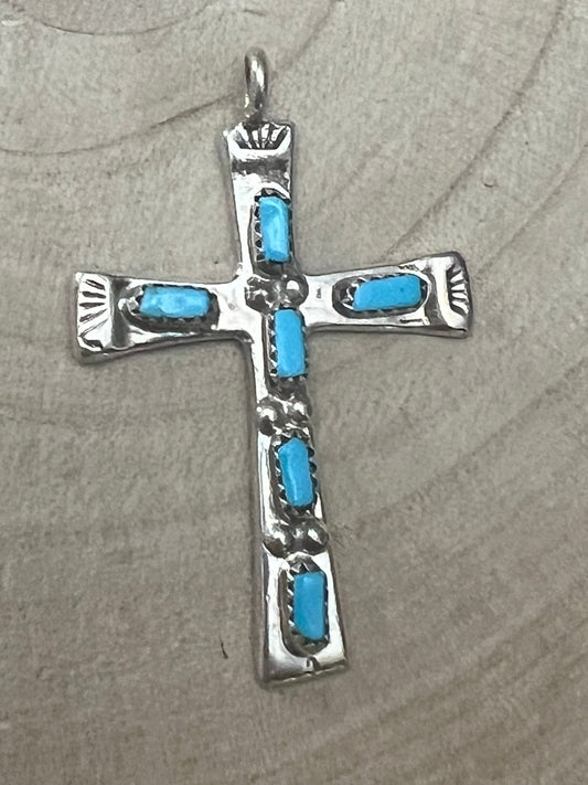 C. Iule Zuni Handmade Sterling Silver Turquoise Cross Pendant — 2" × 1 1/4"