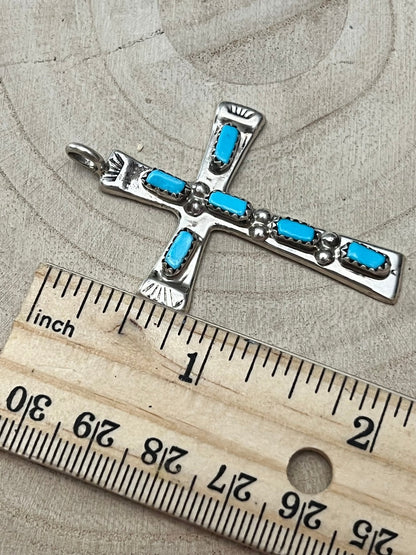 C. Iule Zuni Handmade Sterling Silver Turquoise Cross Pendant — 2" × 1 1/4"