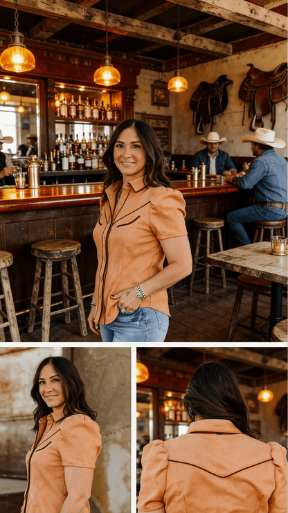 LUCKY & BLESSED Camel Suede Western Pearl Snap Top — Puff Sleeve with Contrast Arrow Piping