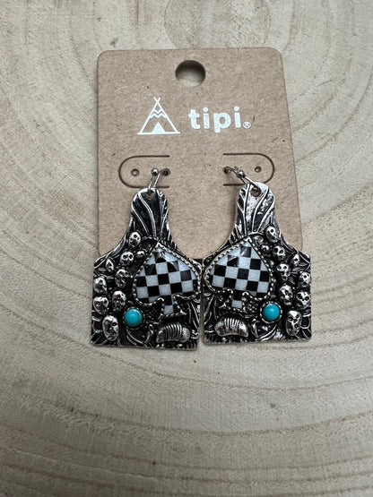 Western Cattle Tag, Armadillo & Spade Earrings with Checker Detail — 1½" Drop