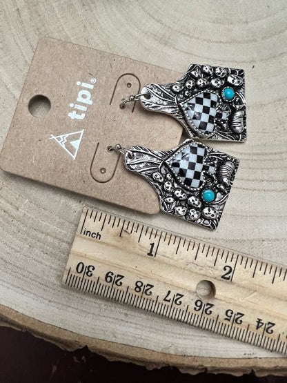 Western Cattle Tag, Armadillo & Spade Earrings with Checker Detail — 1½" Drop