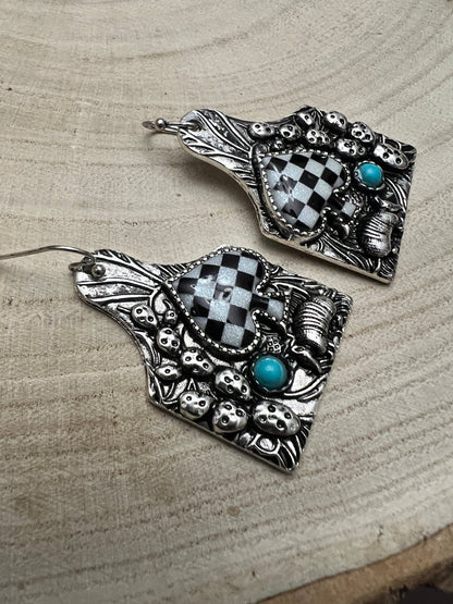 Western Cattle Tag, Armadillo & Spade Earrings with Checker Detail — 1½" Drop