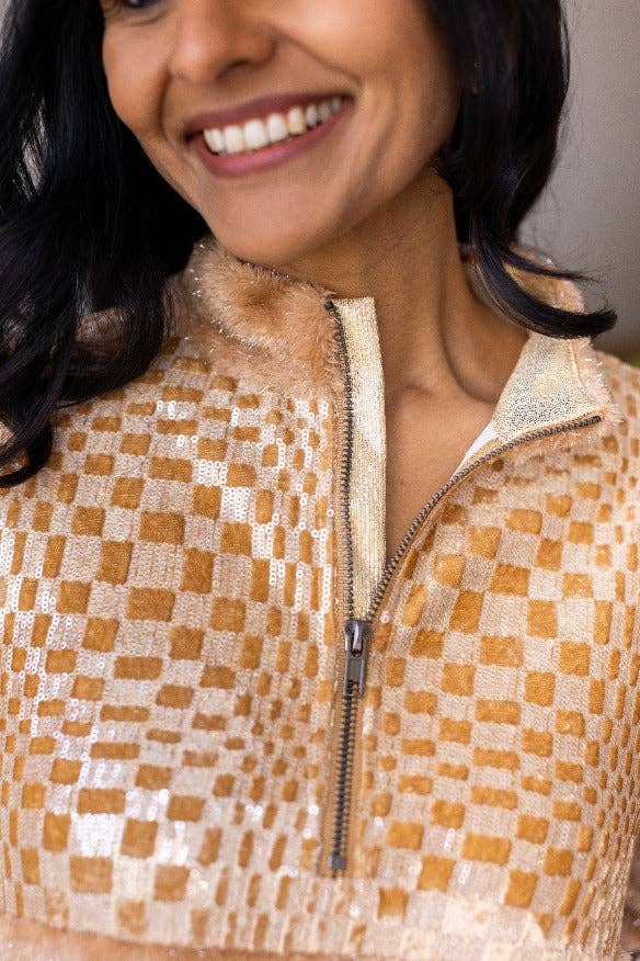 Southern Grace Beige Checkered Half-Zip Sherpa Pullover — Cozy Western Layering Essential - medium remains