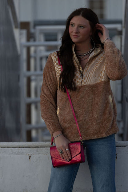 Southern Grace Beige Checkered Half-Zip Sherpa Pullover — Cozy Western Layering Essential - medium remains