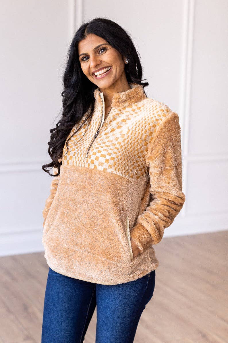 Southern Grace Beige Checkered Half-Zip Sherpa Pullover — Cozy Western Layering Essential - medium remains