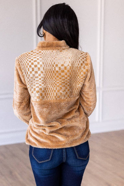 Southern Grace Beige Checkered Half-Zip Sherpa Pullover — Cozy Western Layering Essential - medium remains