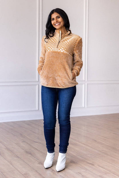Southern Grace Beige Checkered Half-Zip Sherpa Pullover — Cozy Western Layering Essential - medium remains