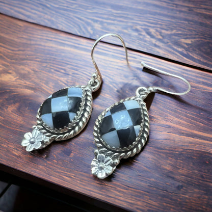 Sterling Silver Daisy & Checkered Oval Drop Earrings (Multi-Stone Western)