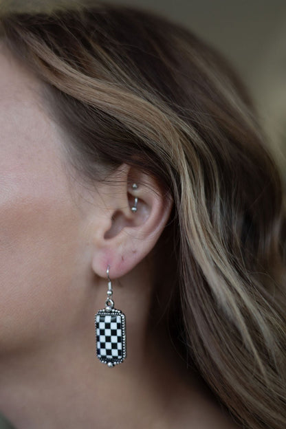 Western Black & White Checkered Rectangle Earrings — 1½" Drop