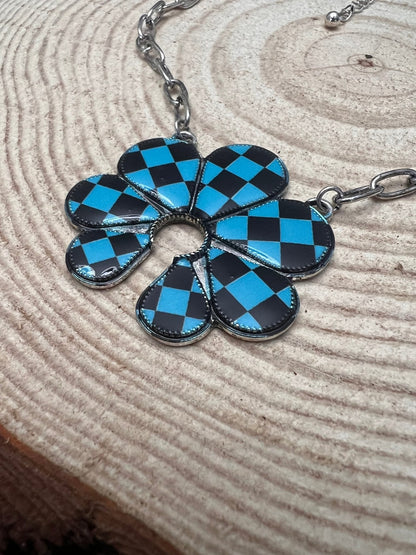 Western Checkered Squash Blossom Necklace — 18 Inch Southwestern Statement