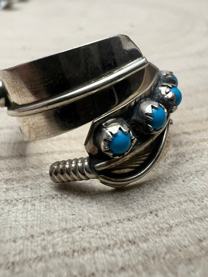 Chester Charley Navajo Kingman Turquoise Feather Adjustable Ring — Sterling Silver