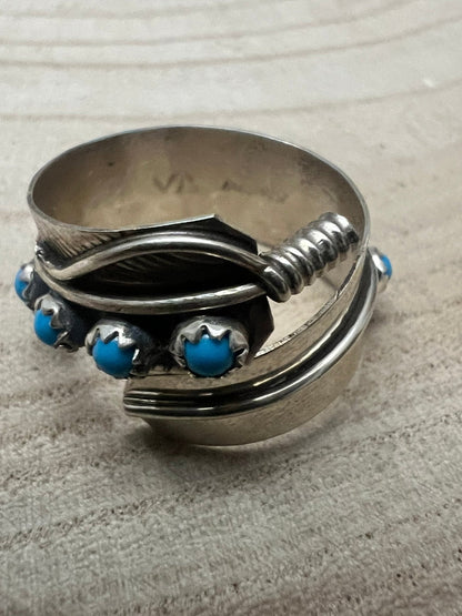 Chester Charley Navajo Kingman Turquoise Feather Adjustable Ring — Sterling Silver
