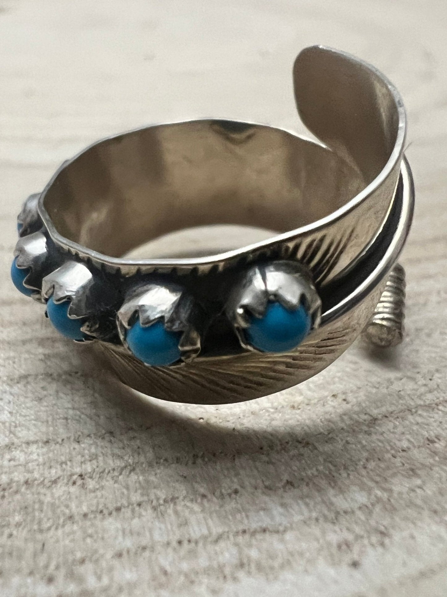 Chester Charley Navajo Kingman Turquoise Feather Adjustable Ring — Sterling Silver