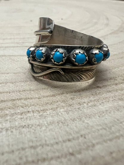 Chester Charley Navajo Kingman Turquoise Feather Adjustable Ring — Sterling Silver