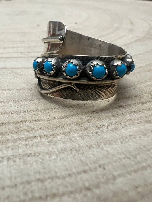 Chester Charley Navajo Kingman Turquoise Feather Adjustable Ring — Sterling Silver