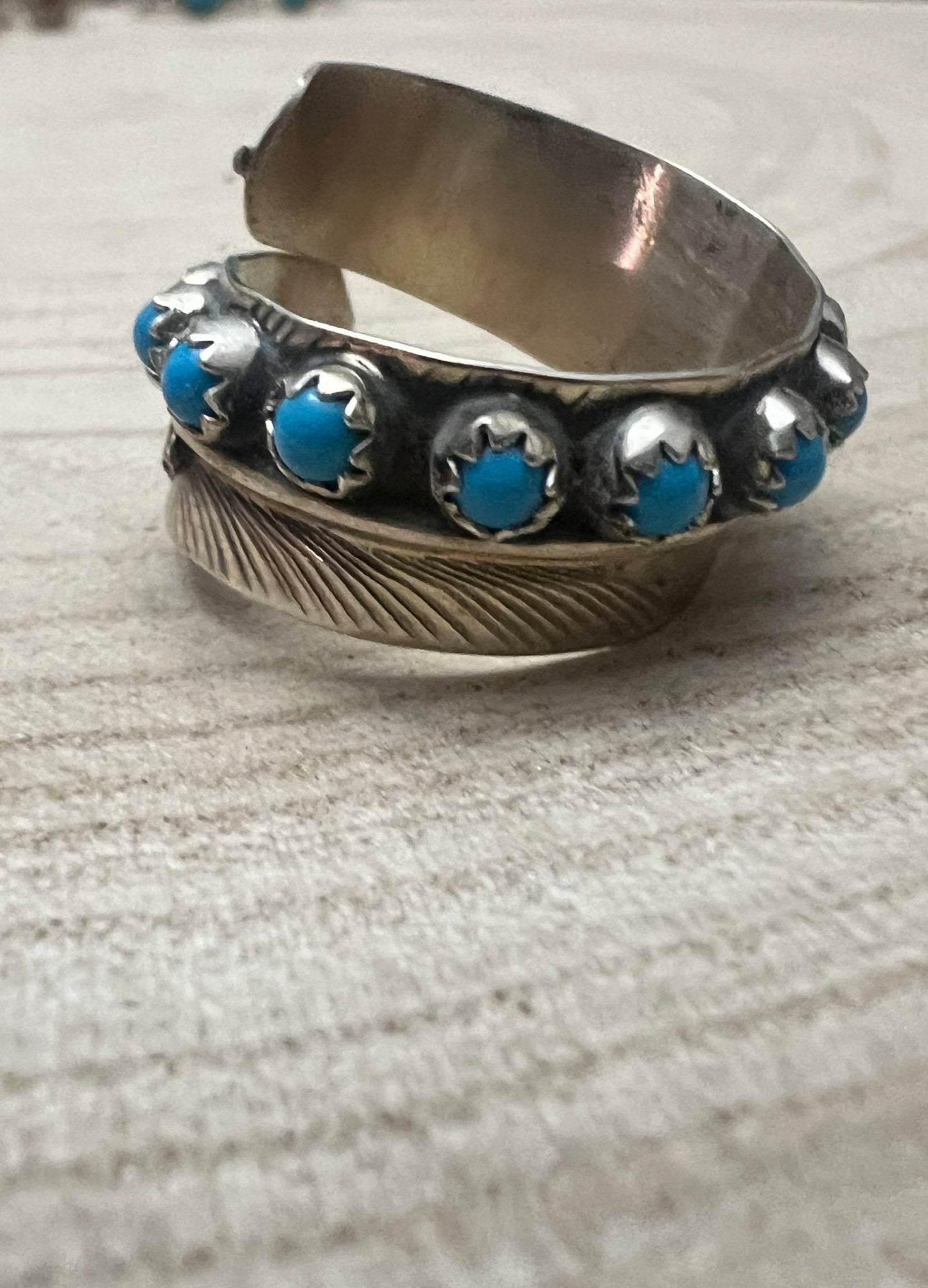 Chester Charley Navajo Kingman Turquoise Feather Adjustable Ring — Sterling Silver