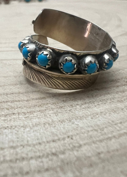 Chester Charley Navajo Kingman Turquoise Feather Adjustable Ring — Sterling Silver